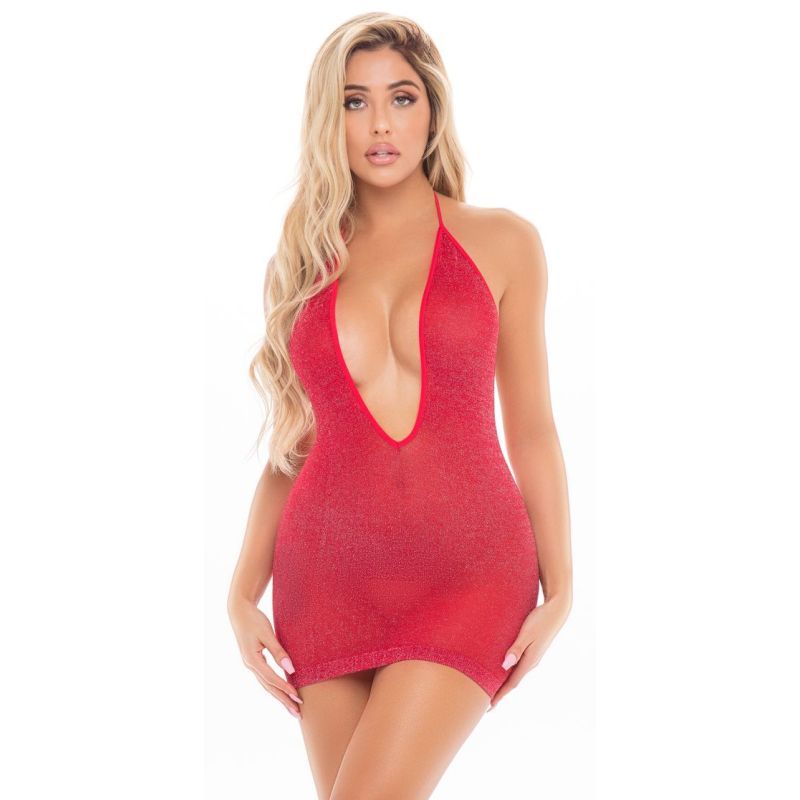 Pink Lipstick Love Bite Plunge Halter Dress Black - Red